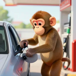 monkey filling up his car at the gas station