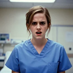 emma watson, nurse scrubs, hospital, portrait, angry, mouth open, mid view head and shoulders, award winning, kodak ektachrome expired blue tint,