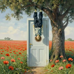 nun at poppy field door in the sky tree upside down by beksinski van gog hyperrealism detailed masterpiece doomy