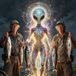 a photo of men showing off their catch of an alien