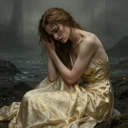 cinestill 5 0 d panorama of a woman by roversi, gritty, gloomy, pain, sad, intricate, elegant, sharp focus, artstation, dress in soft silk in a dystopian seascape, pale gold matte, sharp focus, illustration, octane render, unreal engine, art by roberto ferri greg rutkowski, epic fantasy, digital photo art