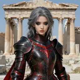 portrait grey hair knights of zodiac girl + smoky eyes, matt black / little red color armor in ruined agora of athens, ssci - fi and fantasy, intricate and beautiful and elegant, highly detailed, digital painting, artstation, concept art, smooth and sharp focus, illustration, art by tian zi and wlop and alphonse mucha