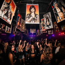 Women hanging at the night club, Greg Rutkowski, Frank Miller, trending on Artstation, 8K, ultra wide angle, establishing shot, pincushion lens effect, zenith view