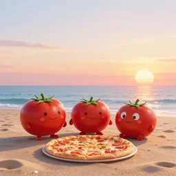 tomato characters relaxing on the beach with a pizza in the sunset, extremely detailed 3 d render, octane render, octane, reflection, refraction, evening sky, trending, deviantart, artstation