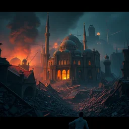 ilustration of istanbul 🇹🇷 after an earthquake hit, devastation, rubble, dark fantasy, detailed, volumetric lights, intricate details, raytracing, great complexity, cinematic, film, 1 2 8 k, octane render, trending on artstation by james c christensen and mandy jurgens