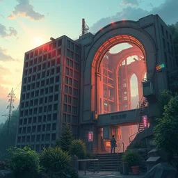 a beautiful detailed anime illustration of urbex nature building tunnel city unfinished building by vija celmins, biopunk tron laser sunlight retrowave magic realism neon noir neon signs nature at dawn tokyo, archdaily, wallpaper, highly detailed, trending on artstation.