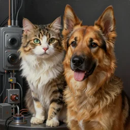epic painting of a cat mixed with a dog, very detailed, ultrarealistic, dramatic lighting, electrical details, high details, 4k, 8k, trending on artstation, fur, groom, k9 catdog, unreal engine 5