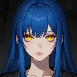 two amber eyes, long blue - haired girl, bangs, gothic, anime character, noir, screenshot, anime, sharp focus, intricate, illustration, cell shaded, digital painting, highly detailed, concept art, matte, art by ilya kuvshinov, wlop, greg rutkowski, studio quality, james jean, artem demura