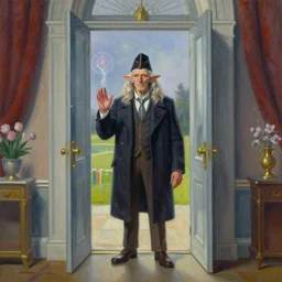 avuncular timelord dr. uncle ruckus telepathic space entity wearing a smoking jacket and fez stands at the doorway of his palatial mansion caspar david friedrich jamie wyeth greg rutkowski acrylic painting