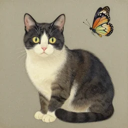 calico cat and a butterfly. decal by award - winning mangaka, intricate details, muted palette, gouache