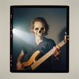 kodak portra 4 0 0, wetplate, flashlight, 8 5 mm carl zeiss, blueberry, award - winning colour portrait by britt marling : a sunlit skull front view biting an electric bass, quadratic quadratic picture frames, haze, wallpaper, fog, no people