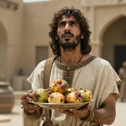cinematic still of angered middle eastern skinned man in ancient Canaanite clothing looking up while holding a plate of rotting fruit, mad, frustrated, jealous, Biblical epic by Christopher Nolan