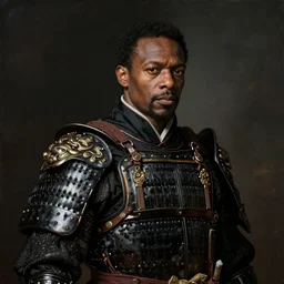 portrait of samuel l. jackson in black samurai armoury, by jan van eyck
