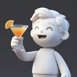 a 3 d smiling model of a white marble human head holding a coctail, digital illustration, in the style of skeeva, 3 d render, above the waist
