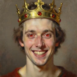 man with red eyes and a crown grinning, oil painting