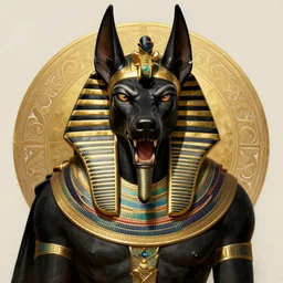 angry god anubis, growling jackal with egyptian headdress and nemes, ornate art nouveau detail, symmetrical portrait, black and gold palette, fantasy, intricate, elegant, highly detailed, colorful, dark colors, dramatic shadow, digital painting, artstation, concept art, art by artgerm and greg rutkowski and ruan jia,