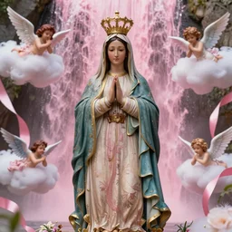 virgin mary, our lady of lourdes, lady of guadalupe, blessed mother in front of a pink waterfall with ribbons and angels in clouds. beautiful lighting. highly detailed textures.