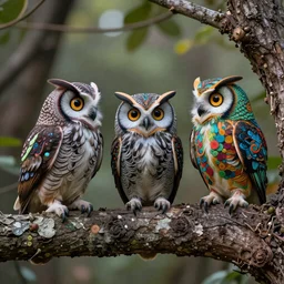 highly detailed photo of three psychedelic owl talking to each other while sitting on tree, hyper realistic, concept art, 8 k detail post - processing