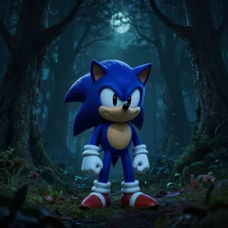 sonic in a creepy forest at midnight, dark, gloomy, 8k, scary, creepy, hdr, rtx