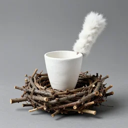 realistic photo of a a common wooden branches astronomy archeology chemistry nest scientific sculpture model equipment gadget object made of wooden branches, a tumbler is made of white clay, a handle is made of white fluffy fur, by dieter rams, background is grey monochrome 1 9 9 0, life magazine reportage photo, natural colors, metropolitan museum collection