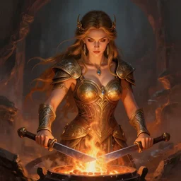 stunning goddess of smithing portrait, furnace, fire, fantasy, intricate, elegant, highly detailed, digital painting, artstation, concept art, smooth, sharp focus, illustration, art by afshar petros and krenz cushart and artem demura and tony sandoval