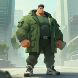 battle hardened, overpowering, pragmatic, charismatic character male handsome muscular acg parka and nike acg air mowabb sneakers, portrait, confident, modern cityscape, outdoors, architecture, fog, sunny, volumetric lighting, illustration, perfectly shaded, greenish tinge, cold lights soft painting, art by krenz cushart and wenjun lin