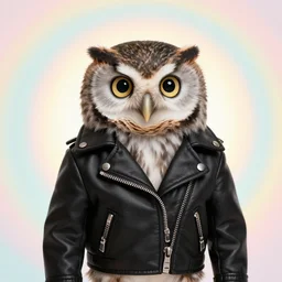 cute little owl wearing black biker jacket, portrait photo, backlit, studio photo, pastel swirls background