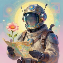 opalescent retrofuturistic digital airbrush illustration of an explorer wearing an ornate gpu headpiece and holding a flower with a map of the collective subconscious in the background by luigi patrignani