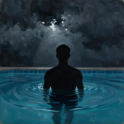 silhouette submerged in a pool, stormy weather, extremely detailed masterpiece, oil on canvas, low-key neon lighting, artstation, Blade Runner 2049, Roger Deakin’s cinematography, by J. C. Leyendecker and Peter Paul Rubens,