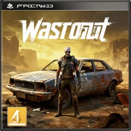 pc game cover with a broken down car in wasteland fallout style with a mutant standing in front of in. artstation trending 4 k award winning