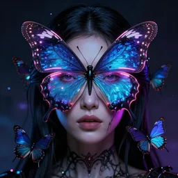 a portrait of a beautiful girl with a neon butterfly covering her face head, fixed eyes, butterflies, cult secret society art by james paick, and shaddy safadi, ominous, cosmic horror, trending on artstation, ultra detailed, hyper realistic 4 k, octane, cinema 4 d, c 4 d render, 4 d
