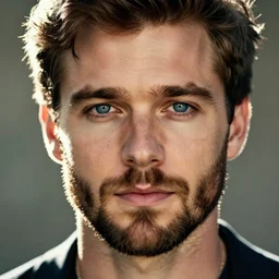 beautiful portrait of a man with a short-beard blue eyes(looking like joshua jackson and aaron paul, sean bean), in the style of Enki Bilal and Joe Jusko and Alex Ross, backlit, trending on artstation