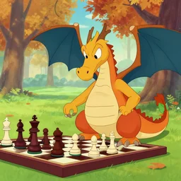 dragon playing chess at a park in autumn, upa animation, upa cartoon, cel animation style