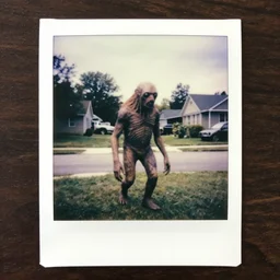 found footage of realistic highly detailed weirdcore grungy ntity creature wandering suburbs caught on cursed disposable polaroid photo ( 2 0 1 0 ) designed by wayne barlowe, guillermo del toro, gantz, wlop
