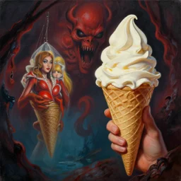 a photorealistic highly detailed painting of a vintage 1 9 5 0's ice cream cone fishing looking at his reflection in hell by johfra bosschart, lisa frank, kinkade, visionary art, dark fantasy art, high detail, trending on artstation
