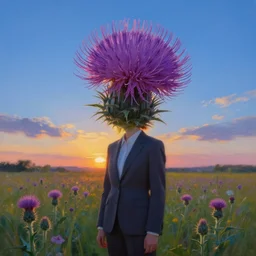 huge thistle flower under head, a girl in a suit in field of flowers, surreal photography, sunrise, blue sky, dramatic light, impressionist painting, digital painting, artstation, simon stalenhag