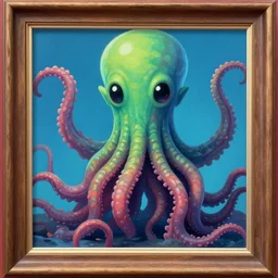 hyper realistic award winning illustration by jamie mckelvie of in frame cute cthulhu moving it's tentacles against a blue background, digital art