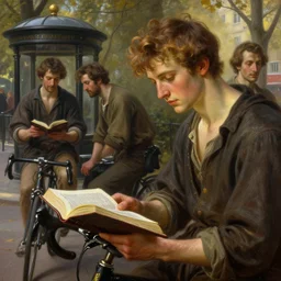 beautiful oil matte painting, cyclist men reading the bible in the city park, four stations, detailed faces, wonderful masterpiece, highly detailed, beautiful cinematic light, deep focus, elegant, smooth, sharp focus, golden ratio, dramatic illumination, ultra realistic, 8 k, art by greg rutkowski, gaston bussiere and caravaggio