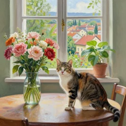 cat on the table, flowers in vase, window with plant, village, painting, hyper detailed by farah atassi