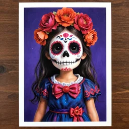 realistic detailed poster art of a cute Día de los Muertos girl by Victor Moscoso