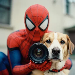 stunning film photograph of ( ( ( ( spiderman as a dog ) ) ) ), zeiss lens, closeup, aperture 1. 2
