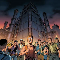 a crowd of angry workers outside of a large tall factory by tomer hanuka and beeple and chester don powell and brian maebius, dramatic composition, epic scale, deep colors, sharp focus, shading, masterpiece, beautiful