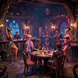 inside of a medieval era tavern with exotic dancers, vaporwave aesthetics, 8 k uhd, unreal engine, octane render in the artstyle of finnian macmanus, john park and greg rutkowski