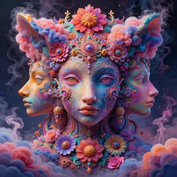 colorful liquid smoke and clouds forming faces, animal shapes and flowers, an extremely colorful psychedelic experience, dmt, psilocybin, lsd, intricate, elegant, highly detailed, digital painting, artstation, smooth, sharp focus, illustration, art by krenz cushart, hana yata, octane render, unreal engine, 8 k