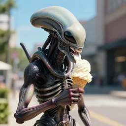 portrait of a xenomorph eating ice cream on a hot sunny day, photography
