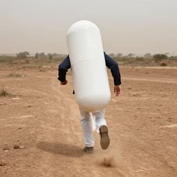 a man dressed as a drug tablet running away from dirt