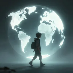 a little guy roaming the world ,concept art trending on artstation, full body ,devainart,atmospheric, 8k ,HD ,glowing effect, foggy