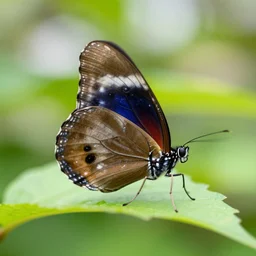 a macro photo of a butterfly resting on a leaf in the garden, background bokeh
