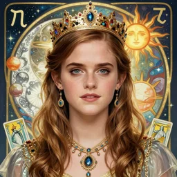 emma watson portrait by louis - theophile hingre and alphonse mucha, realistic, sharp focus, zodiac signs, tarot cards, planets, ethereal, art nouveau, magic, moon, sun, crown, dreamy, royal, jewellery