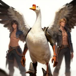 character art by wlop, steve henderson, and j scott campbell, gooseman, male hero, goose - head, wings, 4 k, arstation, trending, high quality, very detailed, digital